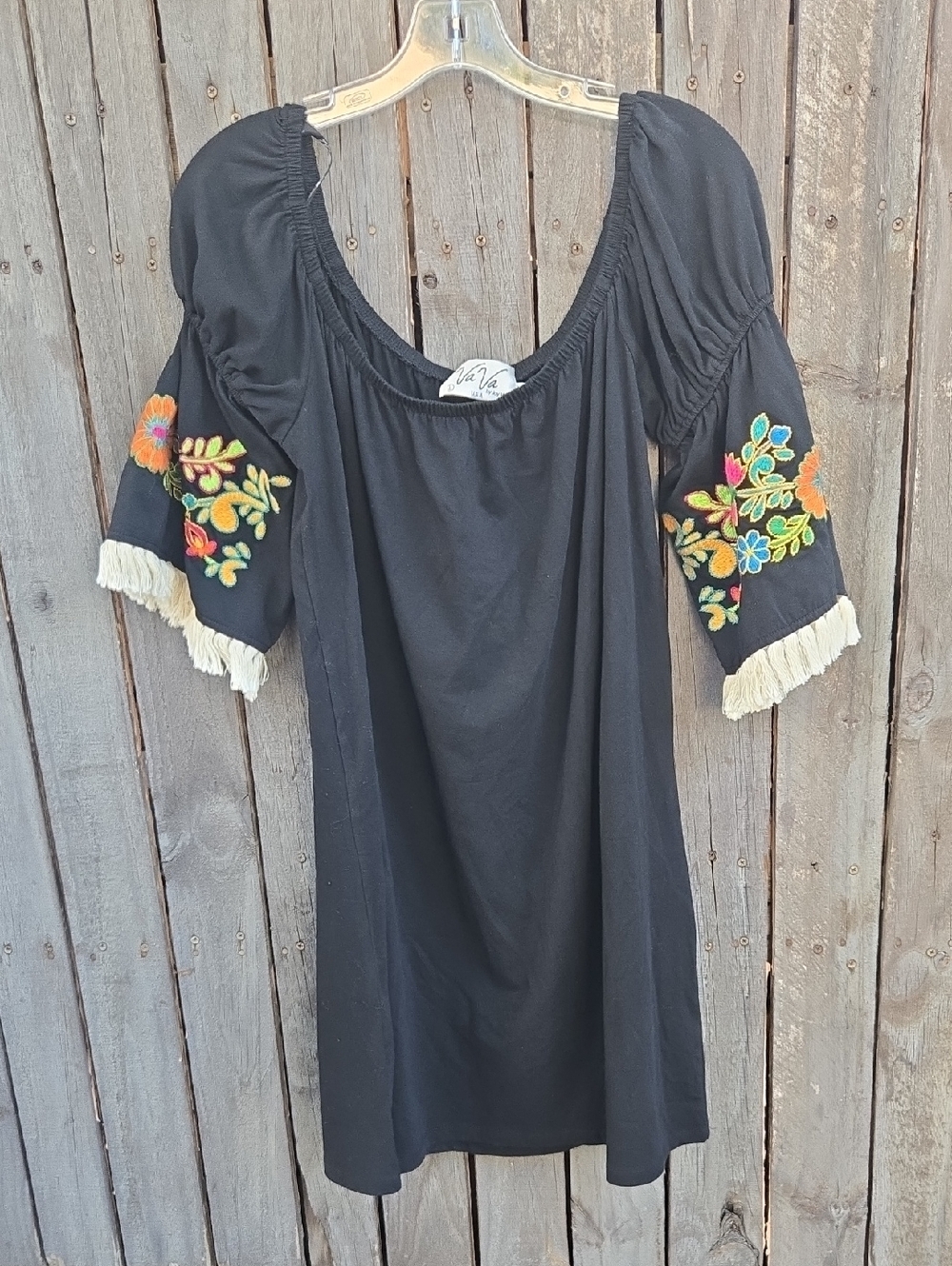Va Va By Joy Hon Boho Black Embroidered Fringe Sleeve Dress